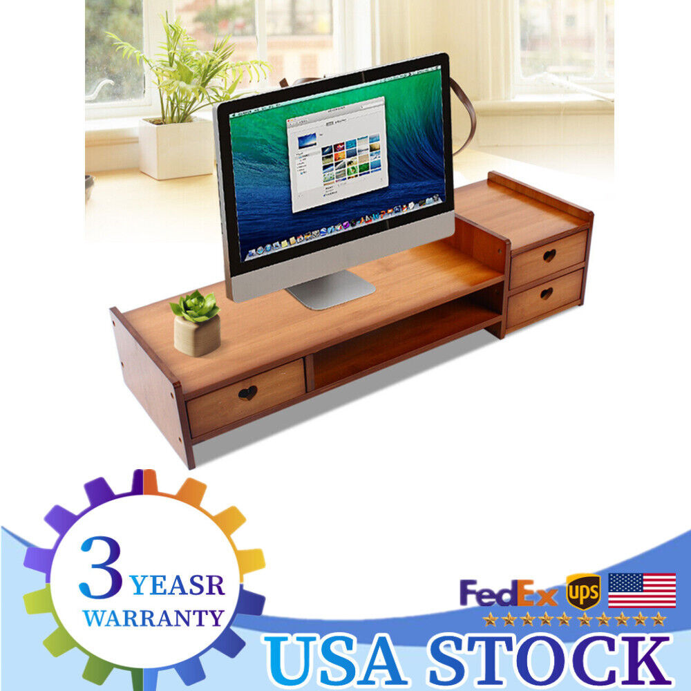 Large Monitor Stand for Computer Screens Solid Bamboo Riser Natural Wood NEW