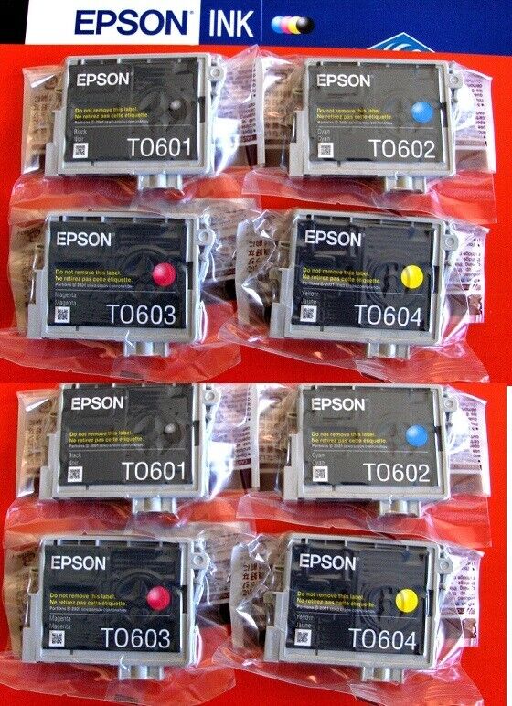 TWO Sets of 4 SEALED BAG Epson 60 Ink Cartridges T0601 T0602 T0603 T0604