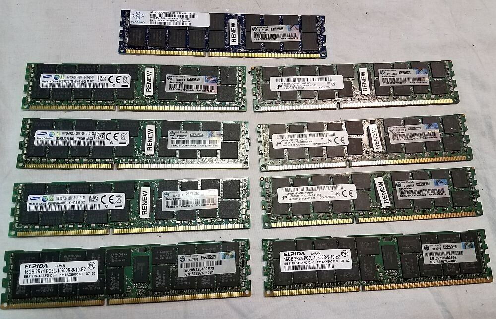 Mixed Lot of  9x 16GB 2Rx4 PC3L-10600R  Server Memory RAM Total of 144GB Used