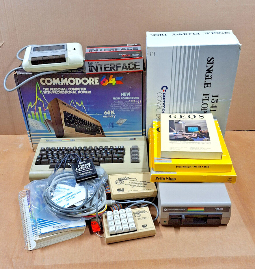 Commodore 64 Computer Lot w/ 1541 Disk Drive, 1530 Datasette, Cardkey, +