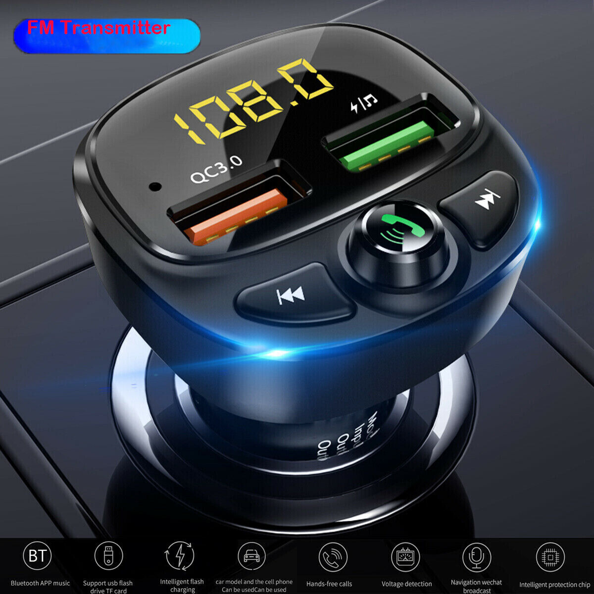 Wireless Bluetooth 5.0 Car FM Transmitter QC3.0 Hands-free Radio AUX Adapter USB