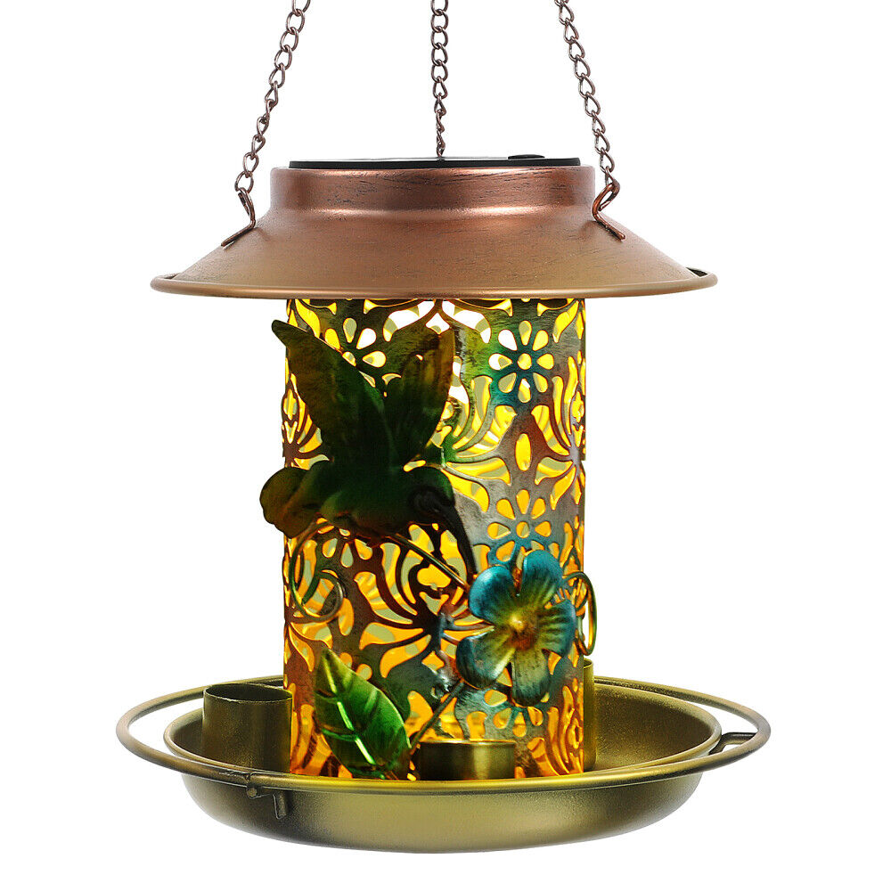  Bird Food Container Outdoor Feeder LED Feeders Solar Powered Wrought Iron