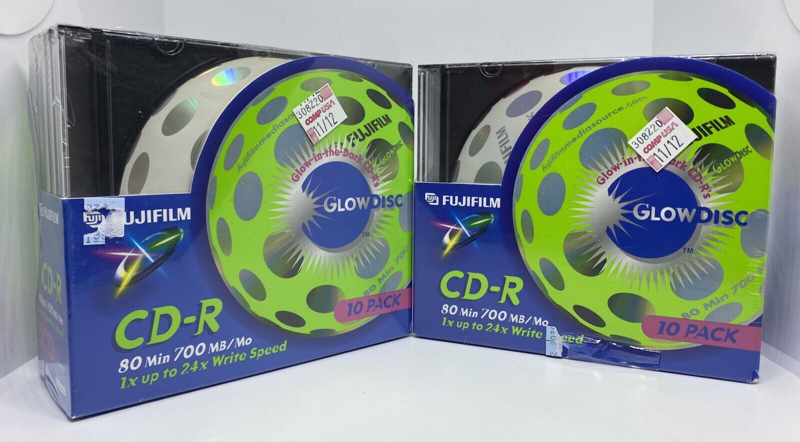 RARE 2 Pack Vintage Fujifilm GlowDisc GLOW IN THE DARK CD-R 700MB (10)x(2)- NEW