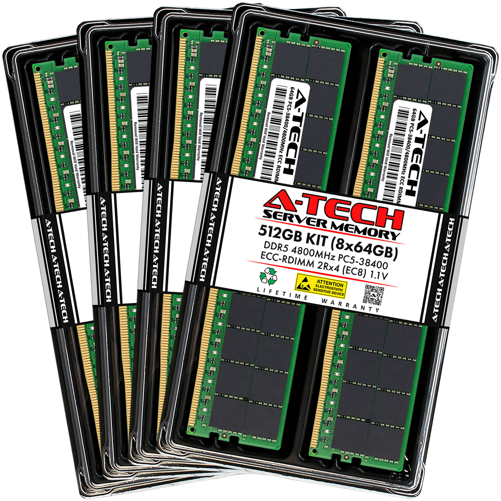 A-Tech 512GB 8x 64GB 2Rx4 PC5-38400R DDR5 4800 EC8 REG RDIMM Server Memory RAM