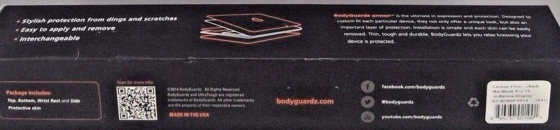 BodyGuardz Carbon Fiber Armor, Protective Skin for Apple MacBook Pro Red 15-Inch