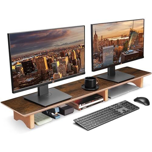 Large Dual Monitor Stand Riser - Solid Wood Desk Shelf with Eco Cork Legs for...