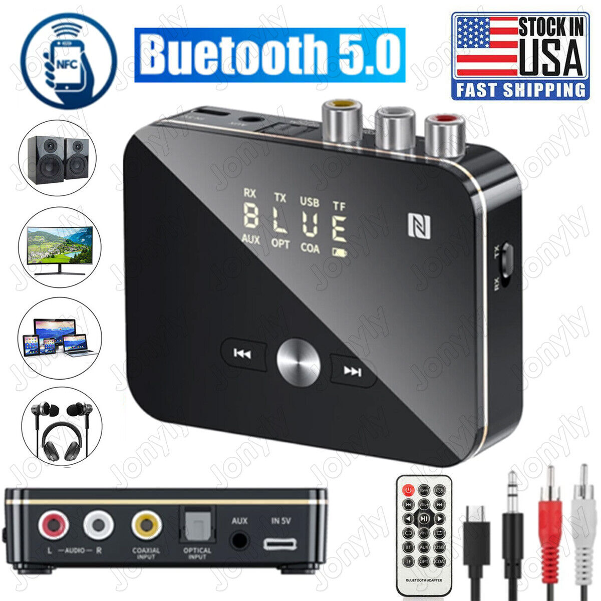 USB Wireless Bluetooth 5.0 NFC Transmitter Receiver to 2RCA Stereo Audio Adapter