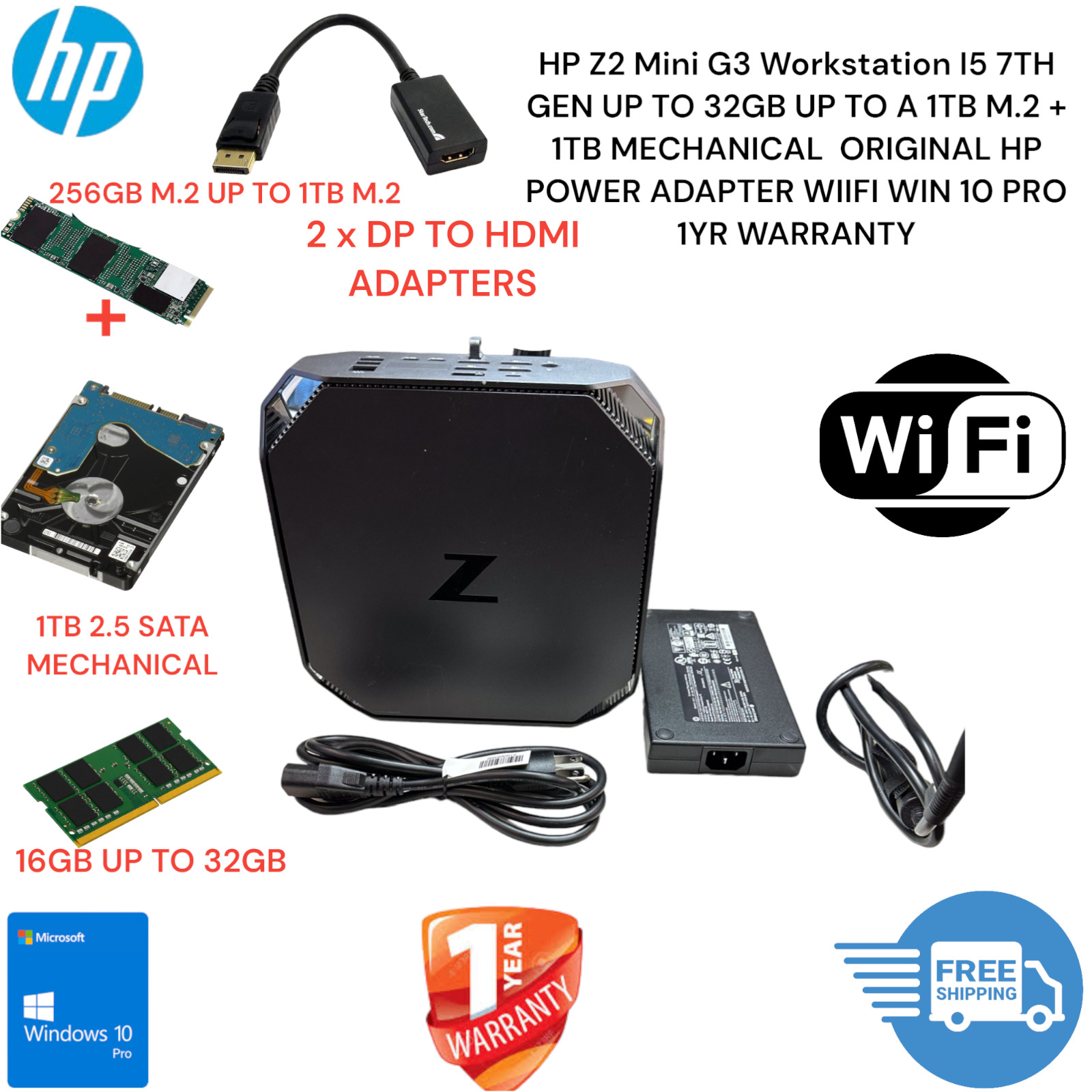 HP Z2 G3 Mini i5-7500 UP TO 32Gb Ram and 1TB M.2 + 1TB Win 10 Pro DP 2 HDMI ADAP