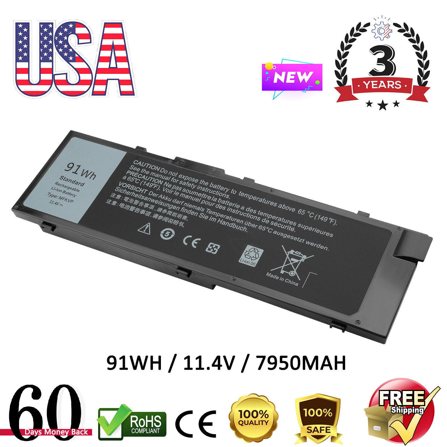 NEW 91Wh MFKVP Battery For Dell Precision 15 7510 7520 17 7710 7720 M7510 M7710