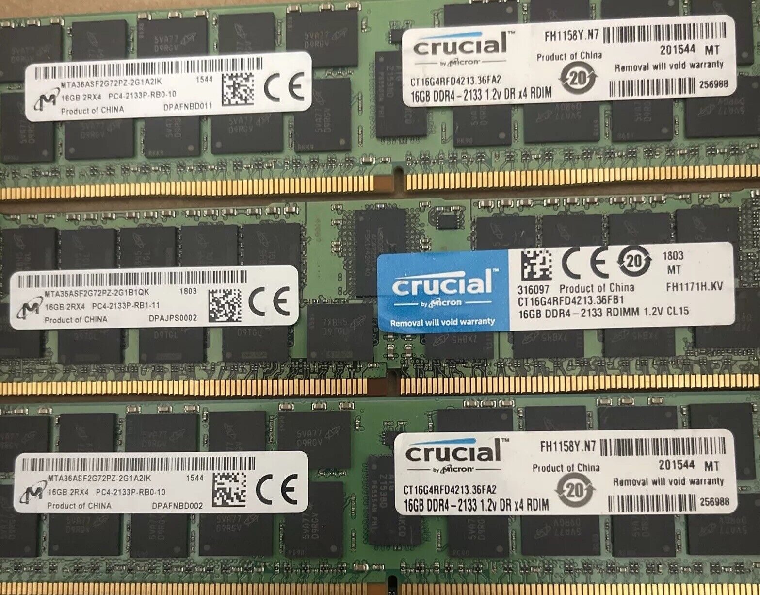 Lot Of 3 Micron/Crucial 16GB 2Rx4 PC4-2133P DDR4 ECC Server ram(3x16GB=48gb)