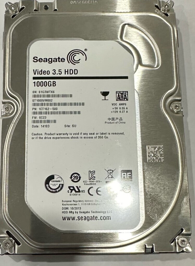 Seagate Video 3.5, HDD, 1000GB, ST1000VM002, 1TB  SATA III Hard Drive Pre-owned.