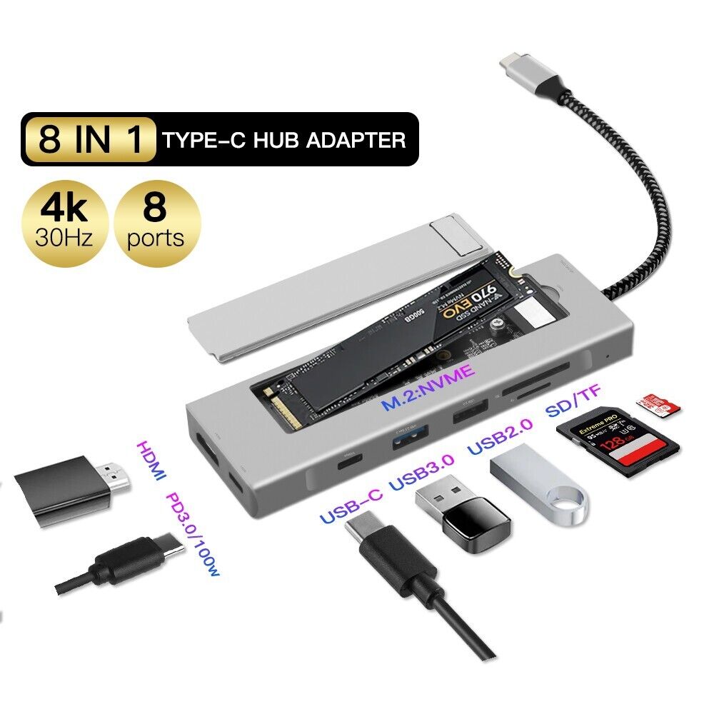 8 in 1 Type-C Hub Adapter M.2:NVME/SATA HDMI USB2.0/30. PD SD/TF Docking Station