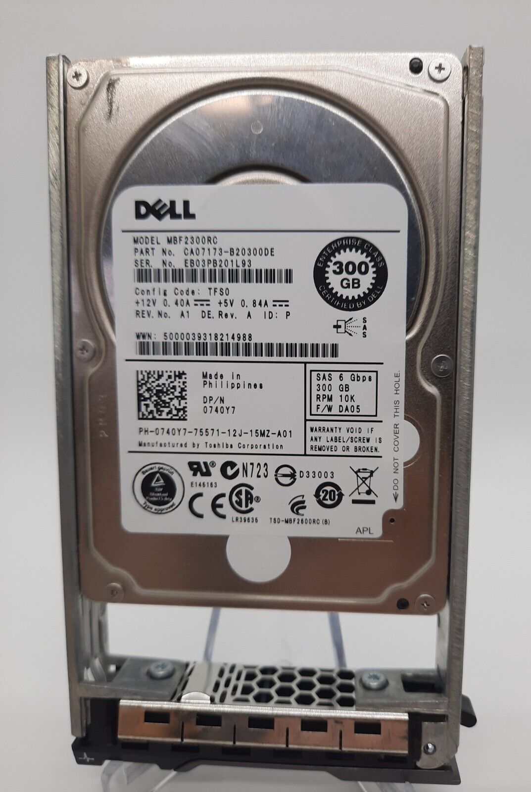 740Y7 Dell 300GB 10K 6GB/s 2.5' SAS HDD w/ Caddy MBF2300RC 0740Y7