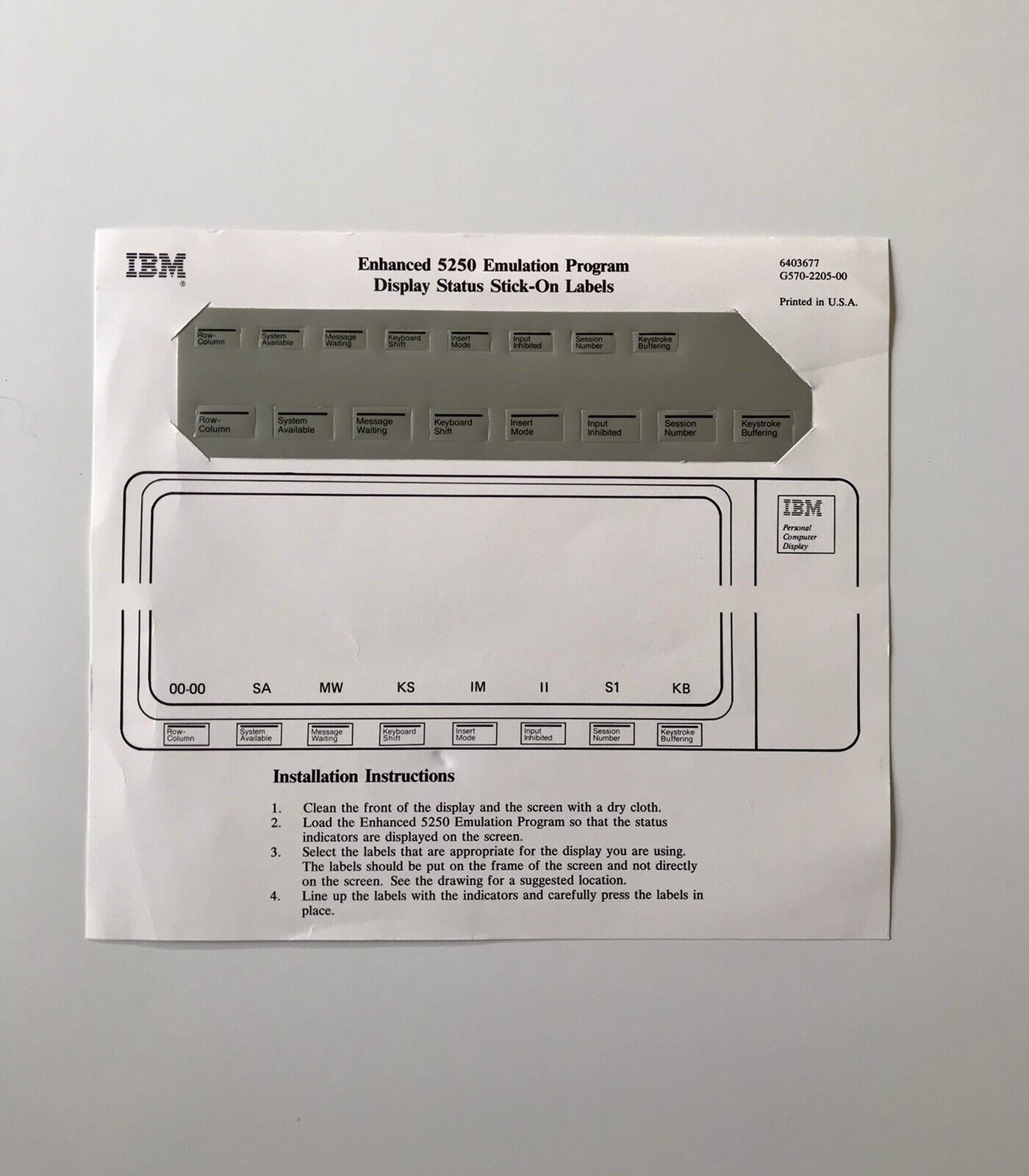 Vintage IBM Enhanced 5250 Emulation Display Status Stick-On-Labels Monitor NEW