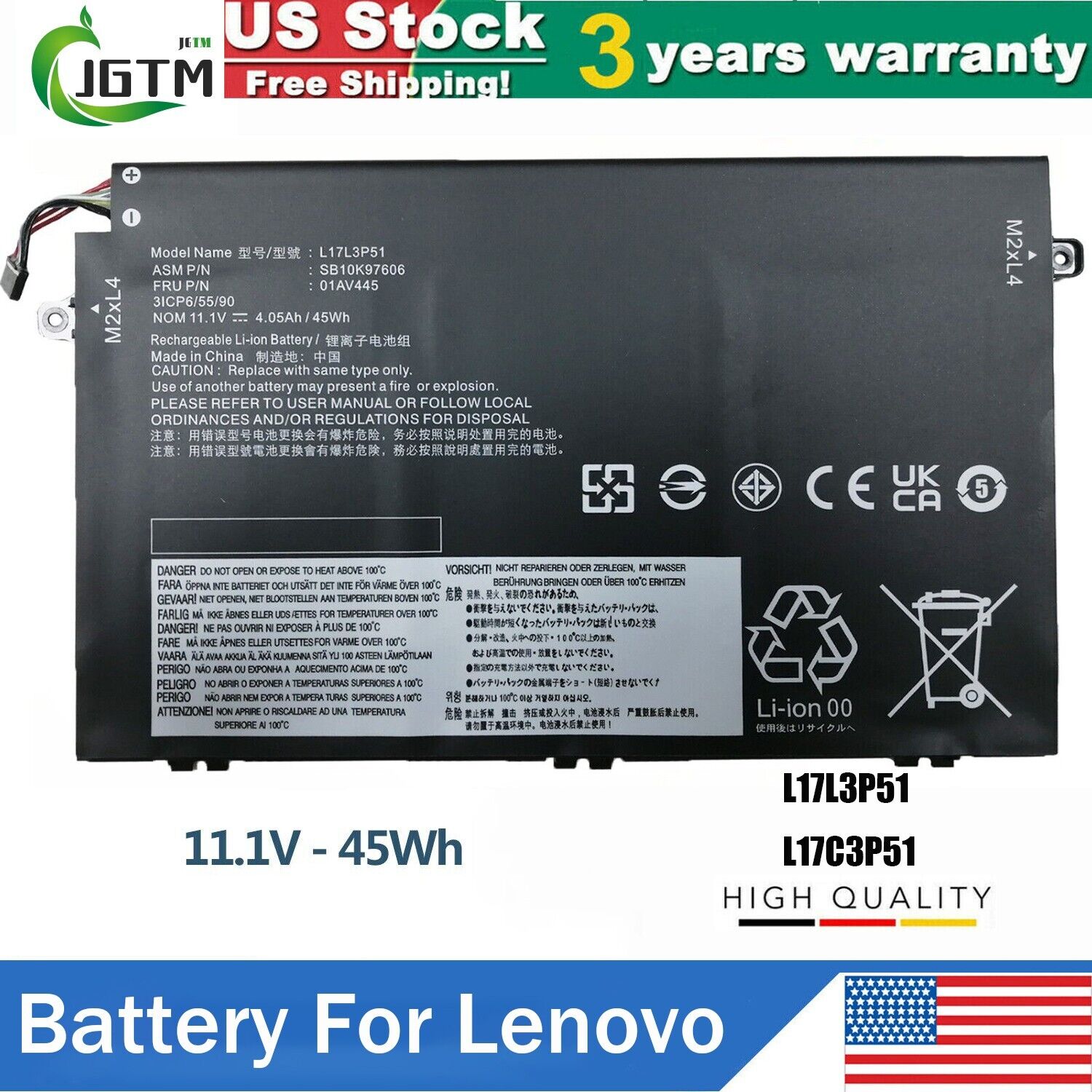 L17L3P51 L17C3P51 Battery For Lenovo ThinkPad E480 E490 E590 E580 E595 Series US