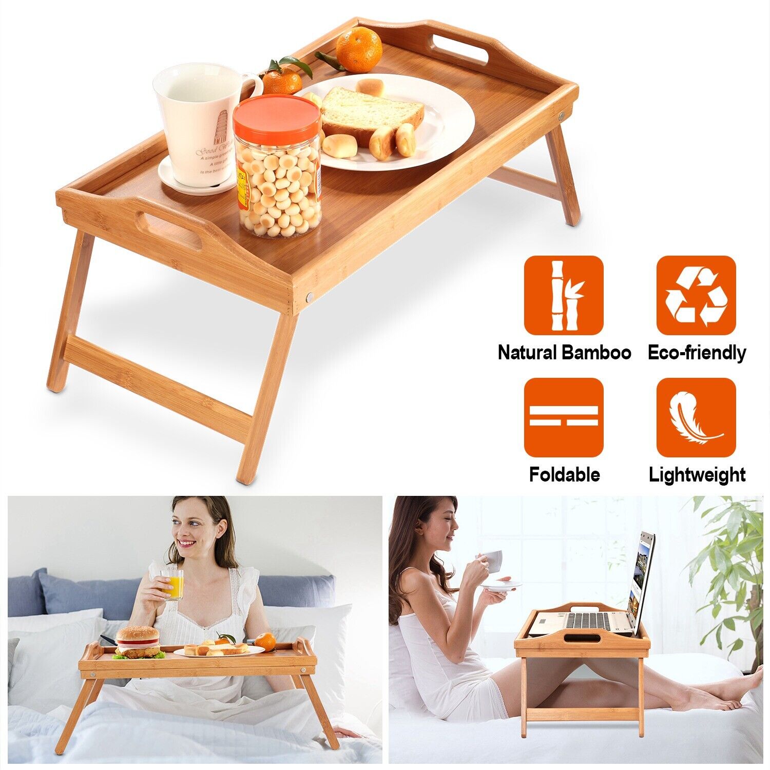 Bamboo Bed Tray Table Breakfast Serving Tray with Foldable Legs for Sofa Bed Eat