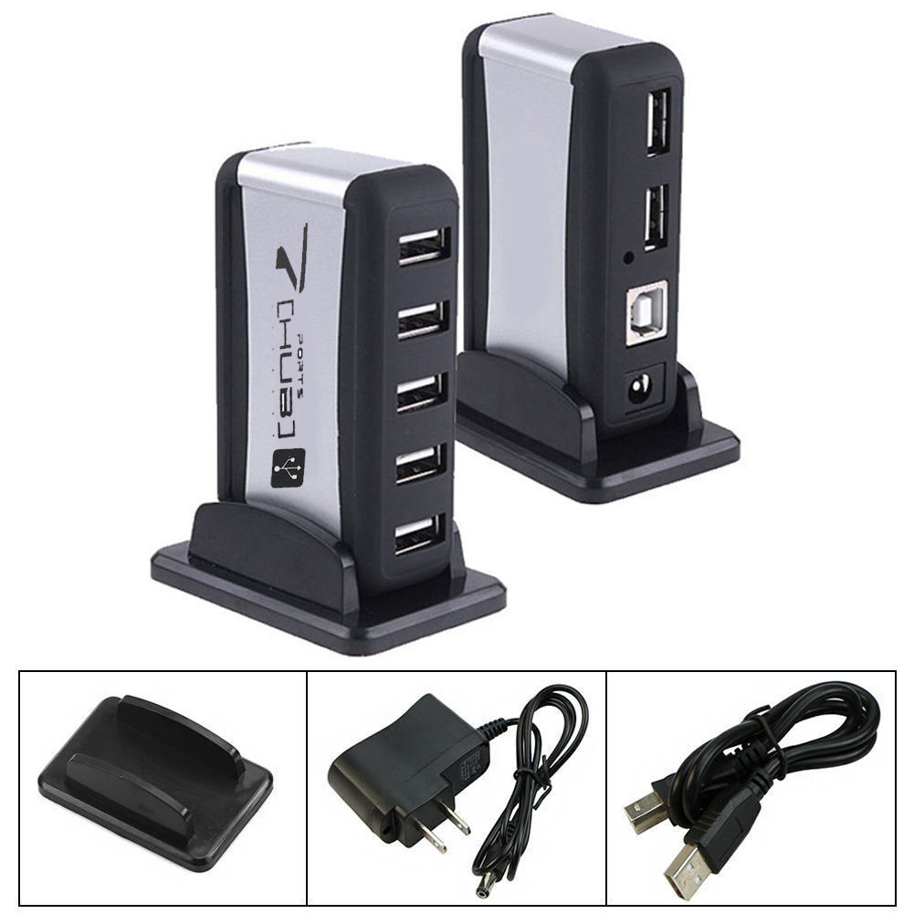 New 7 Port High Speed USB 2.0 HUB with AC Power Adapter for PC Laptop Durable