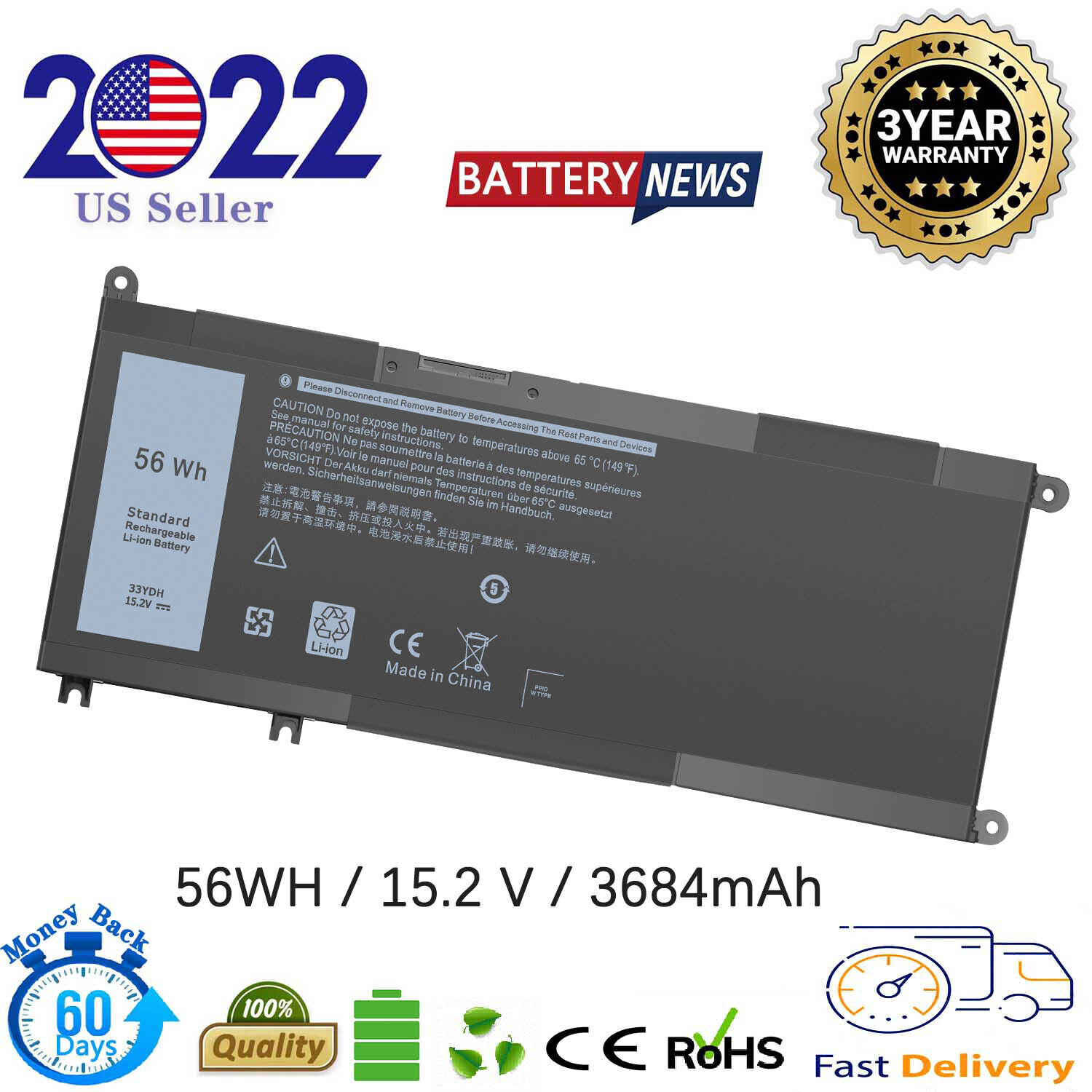56Wh 33YDH Battery for Dell Inspiron 7586 2-in-1 Series P72F002 P75F003 P89G001 