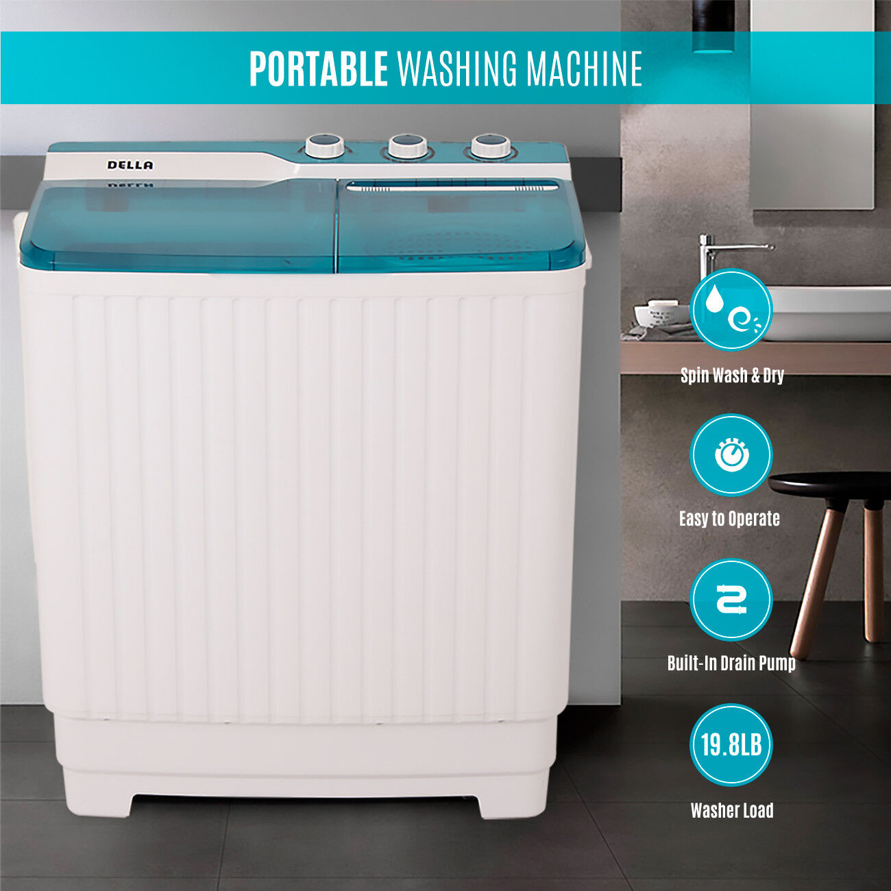 Portable Compact Twin Washing Machine Washer Spin & Dry Cycle 9KG w/ DRAIN PUMP