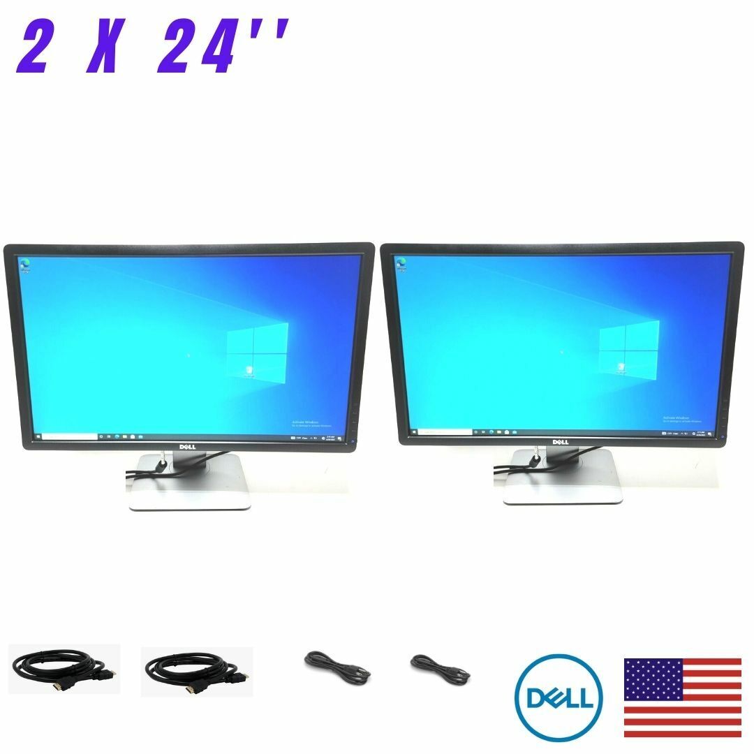 Dual 2x Dell P2412Mb 24inch 1080P VGA LED Monitor W/ Stands & Cables (Grade A)