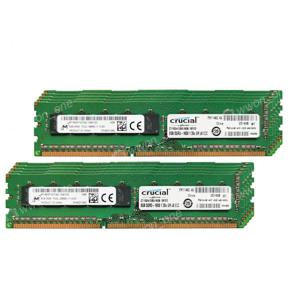 Micron+Crucial 64GB 8X8GB PC3L-12800E DDR3 1600MHz ECC Unbuffered Server Memory