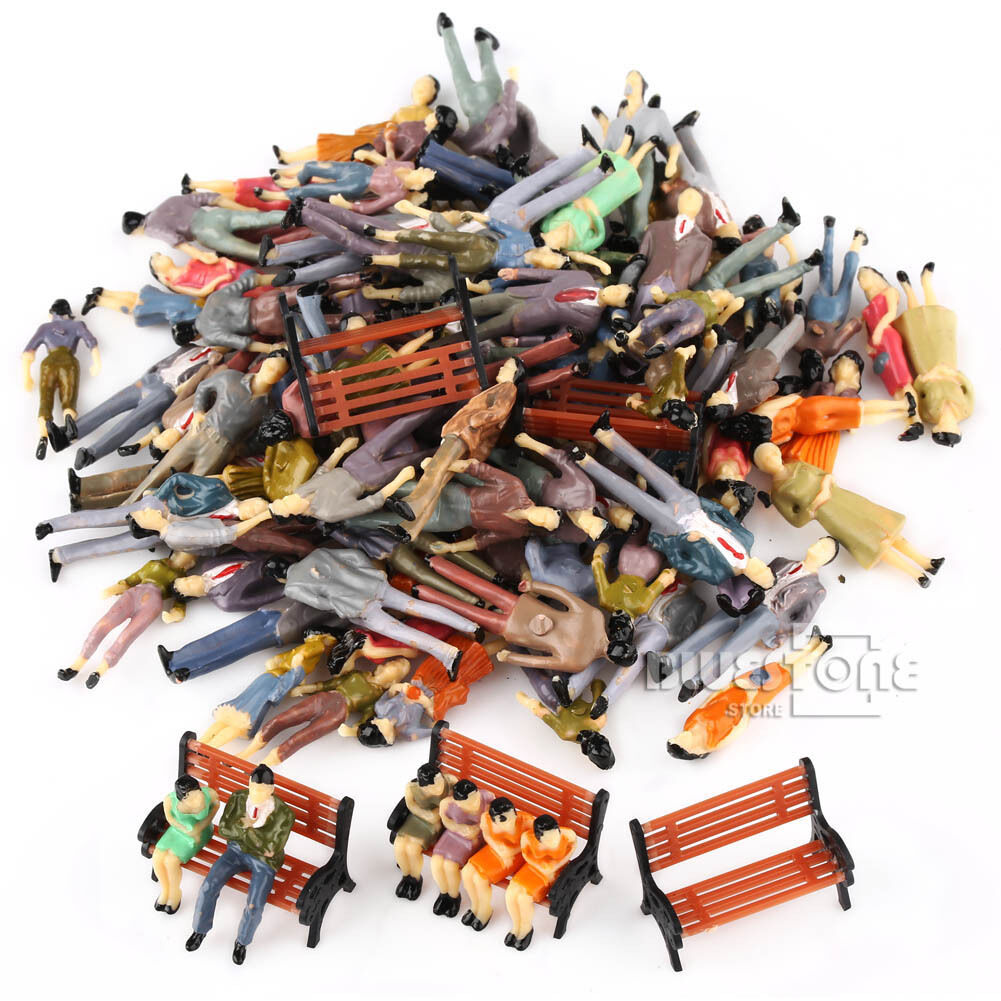100 Painted 1:50 Model People Passenger Figures+5 Park Bench Scenery OO Scale