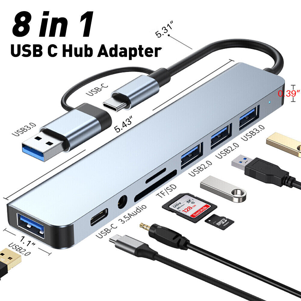 8 in 1 Multiport USB-C Hub Type C To USB 3.0/2.0 3.5mm Audio TF/SD Card Reader