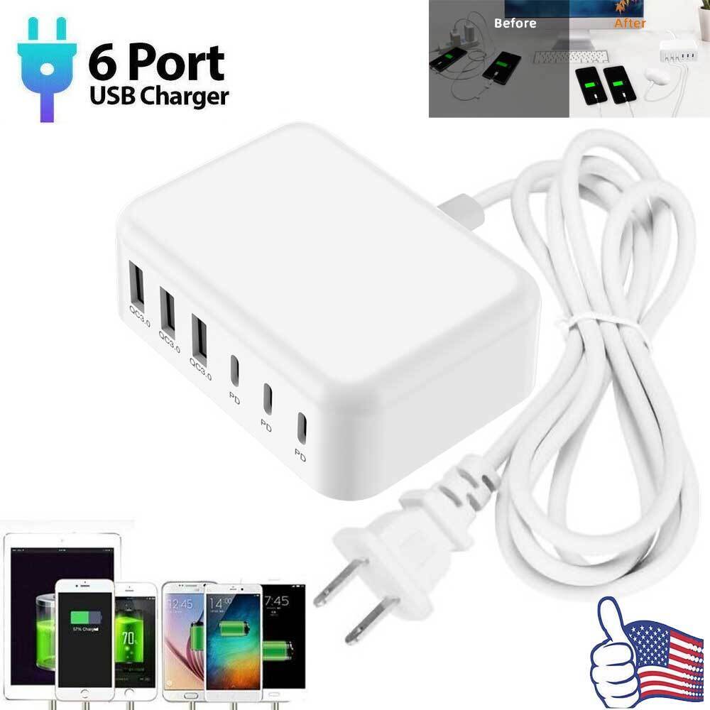 Fast USB-C Wall Charger 6-Port USB Hub Charging Station PD+QC3.0 Power Adapter