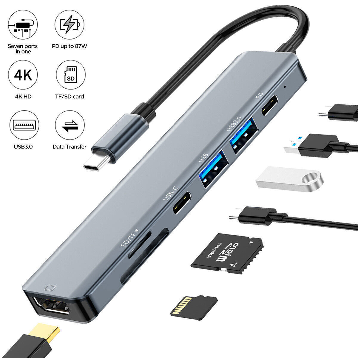 7-in-1 USB C Hub Multiport Adapter Ethernet For Mac, Windows Chromebook, Dell 