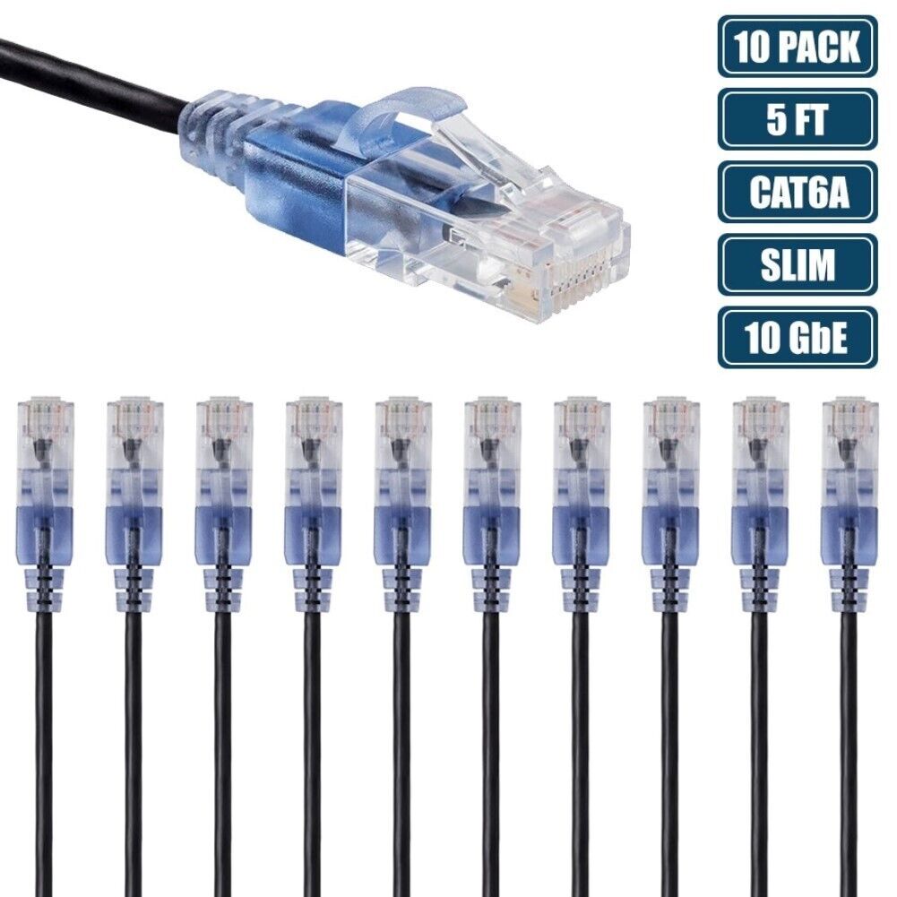 10x 5FT CAT6A Ethernet LAN Network Patch Cable Slim Cord RJ45 Router 30AWG Black