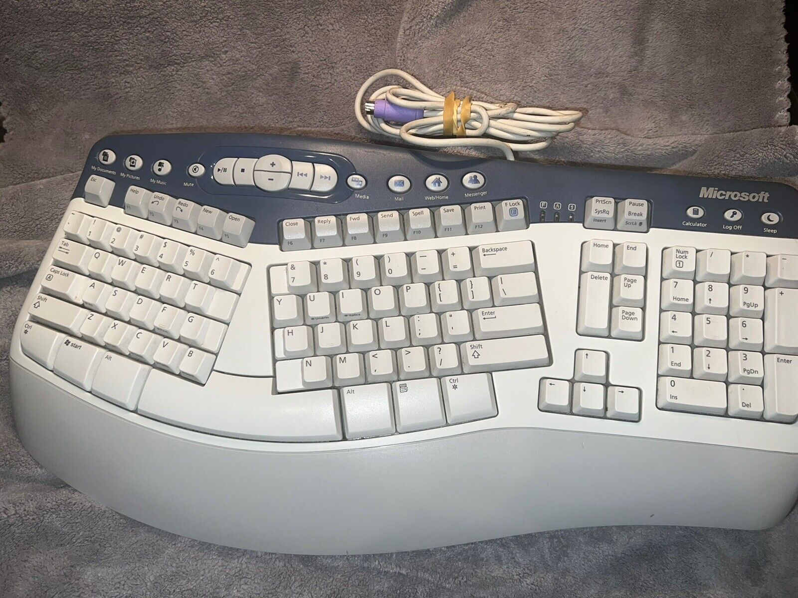 Vintage Microsoft Natural Multimedia Keyboard PS/2 RT9470 - 1.0A - White/Blue