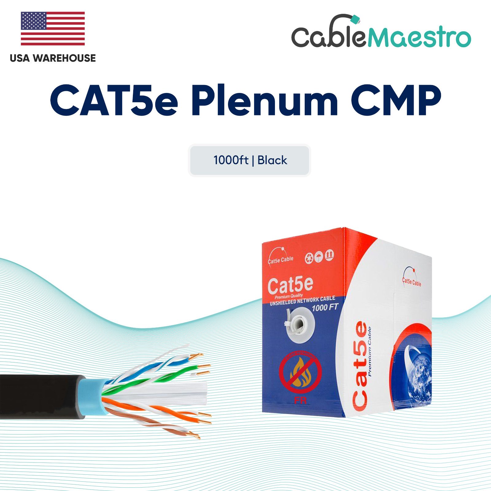 Plenum CAT5e 1000ft CMP Network LAN Ethernet Solid Cable Box Wire 24 AWG Bulk 