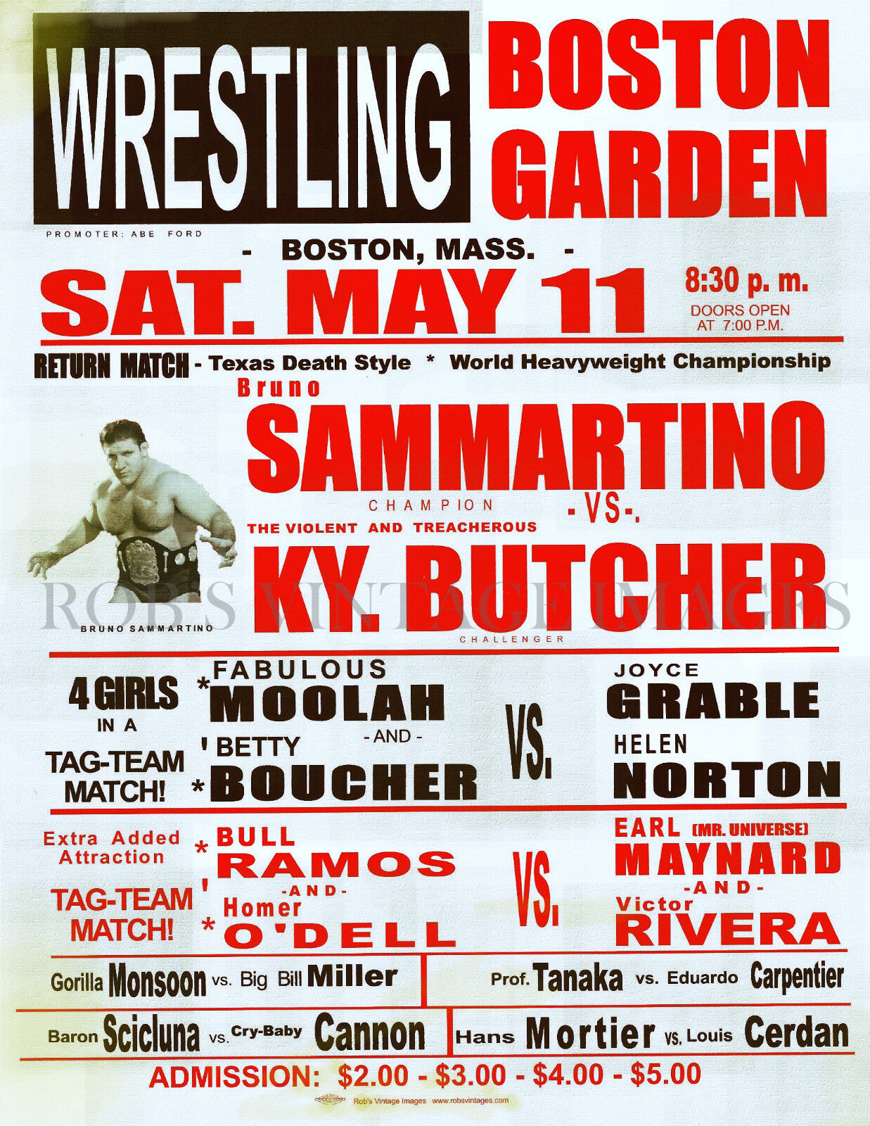 1958 Pro Wrestling Poster Bruno Sammartino Eduardo Carpentier KY Boston Gardens