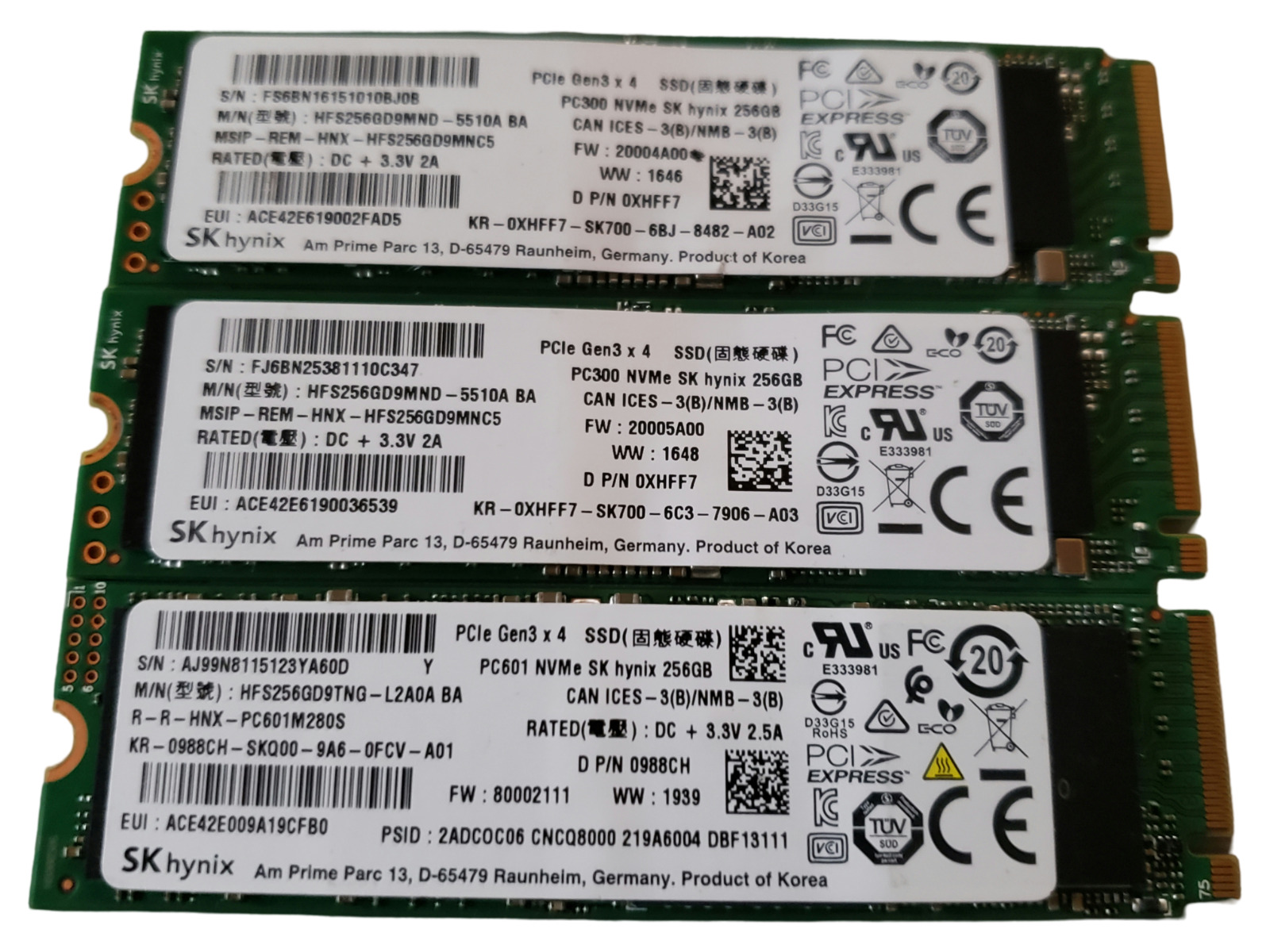 Lot of 3 Dell SK Hynix HFS256GD9MND-5510A 256GB NVMe XHFF7 Solid State Drive