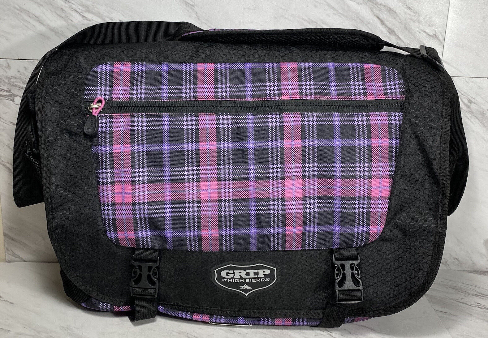 Large Grip High Sierra Messenger Shoulder Bag Purple Pink Plaid Black Laptop Bag