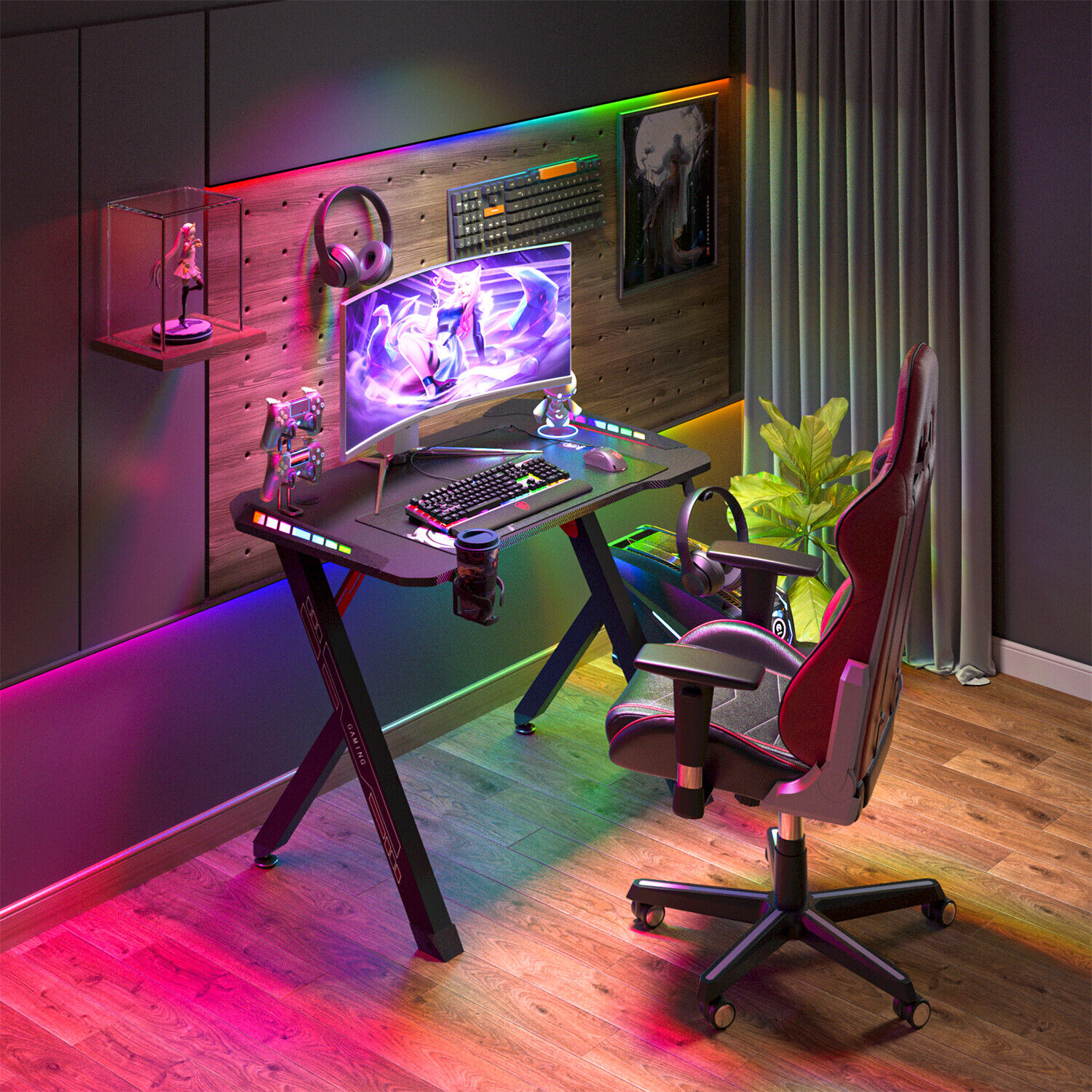 100/120cm Ergonomic Gaming Desk w/ RGB Lights/Hook/Cup Holder Workstation Table