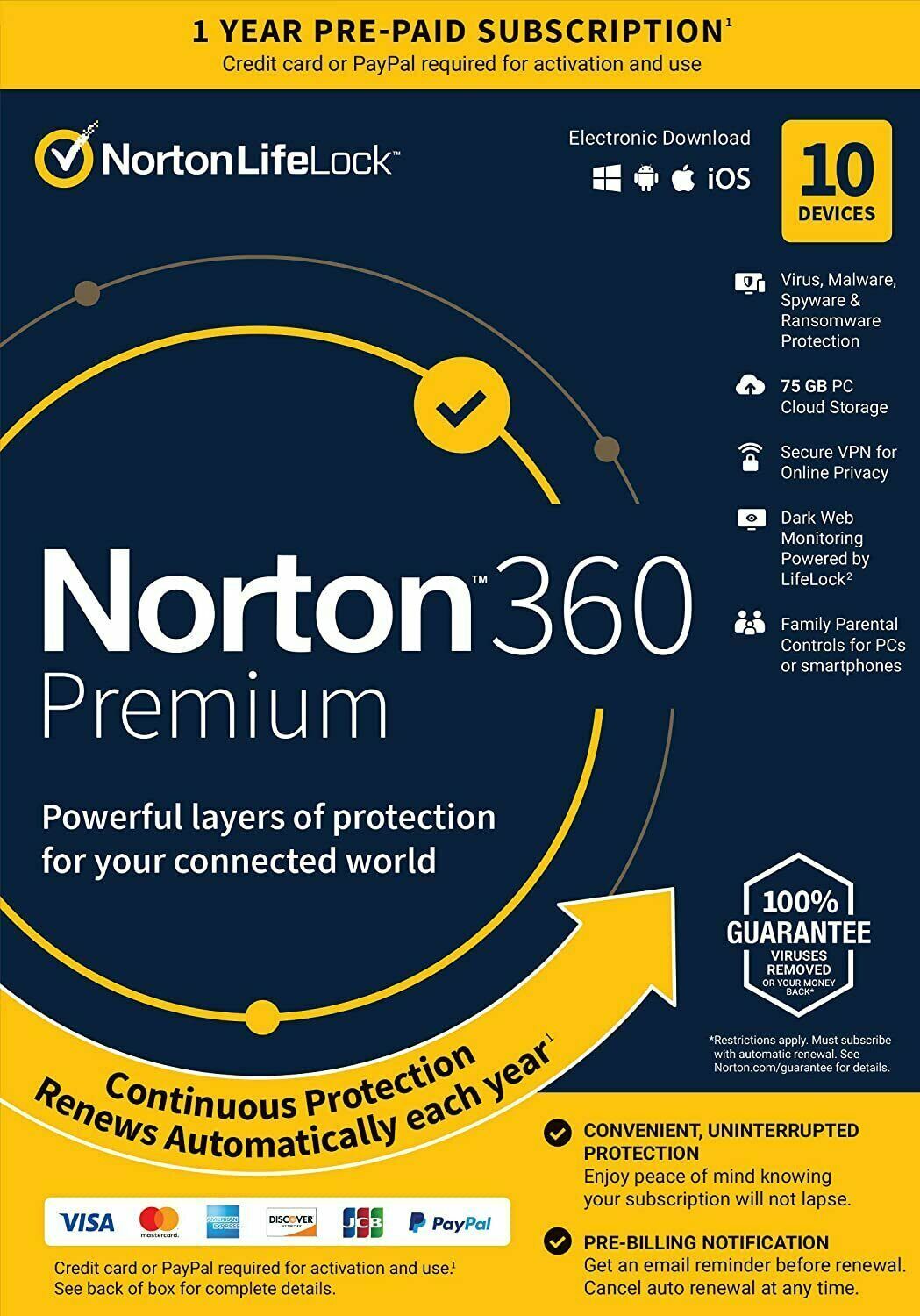 Norton 21389946 360 Premium 10 Devices Antivirus software Auto Renewal Key card