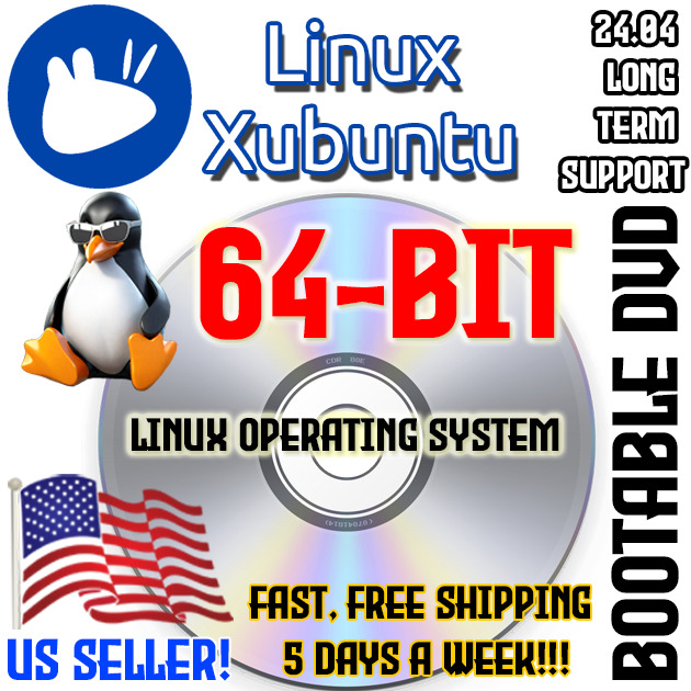 Linux Ubuntu Xubuntu 24.04 Long Term Support OS DVD or USB Live Boot NEW