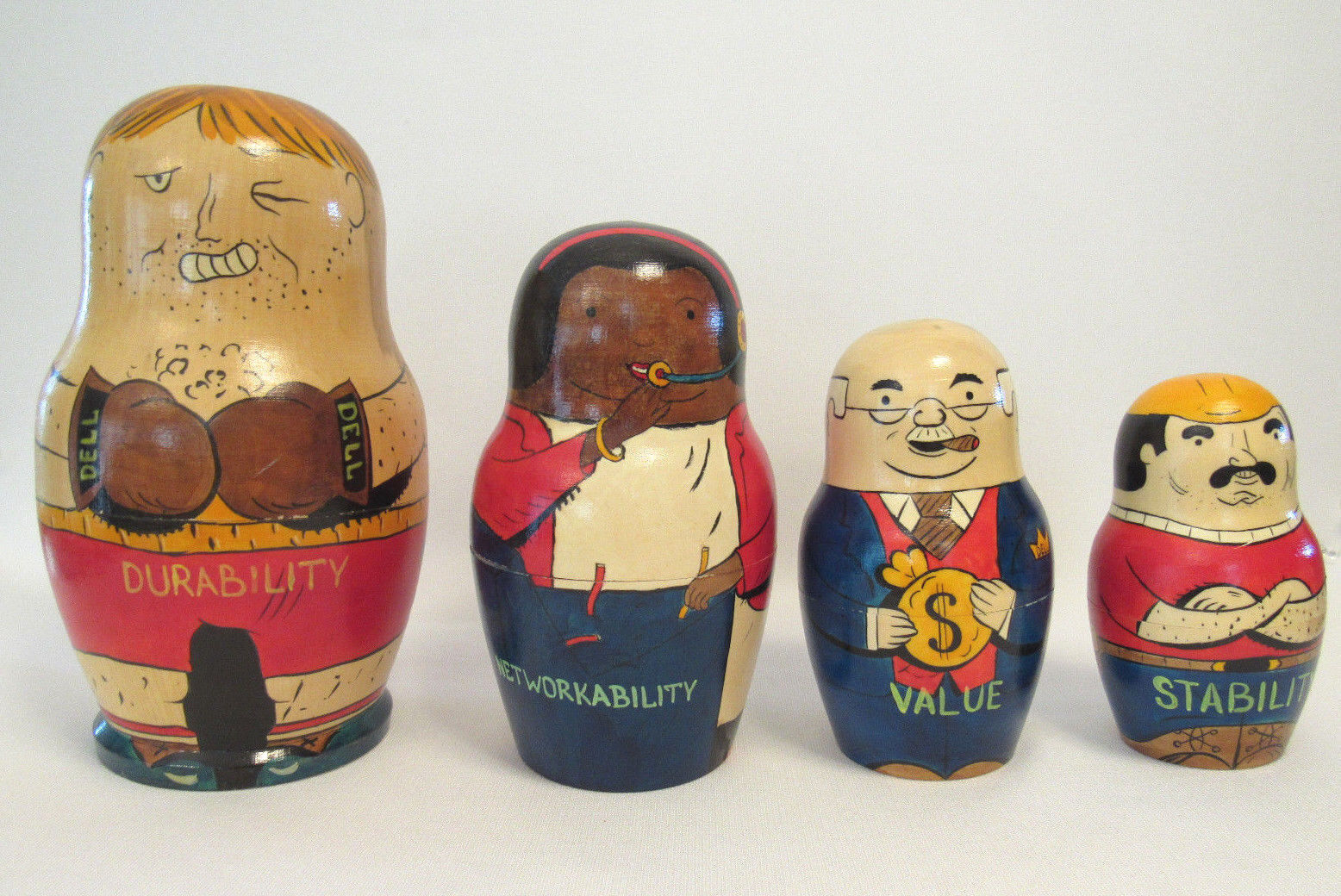 RARE VINTAGE 1980s DELL COMPUTER NESTING DOLL 4 DOLLS HAND PAINTED WOOD 8 1/2