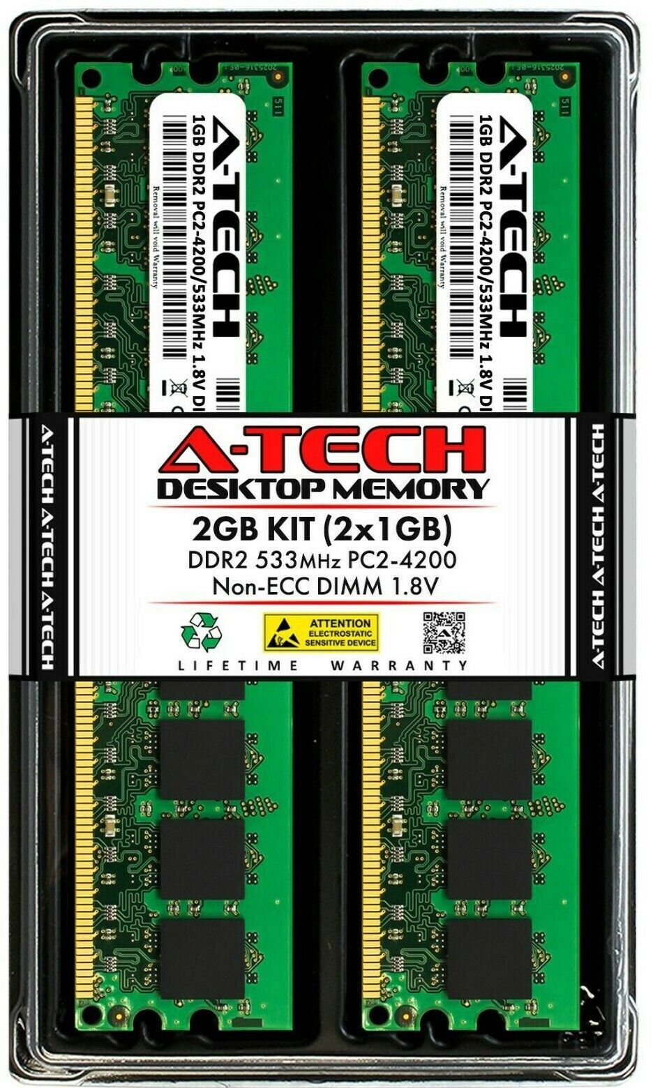 A-Tech 2GB 2 x 1GB PC2-4200 Desktop DDR2 533 MHz DIMM 240-Pin Non-ECC Memory RAM
