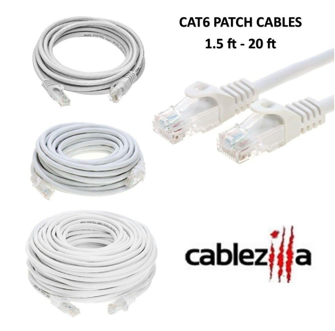 Cat6 White Patch Cord Network Cable Ethernet LAN RJ45 UTP 1.5FT- 20FT Multi LOT