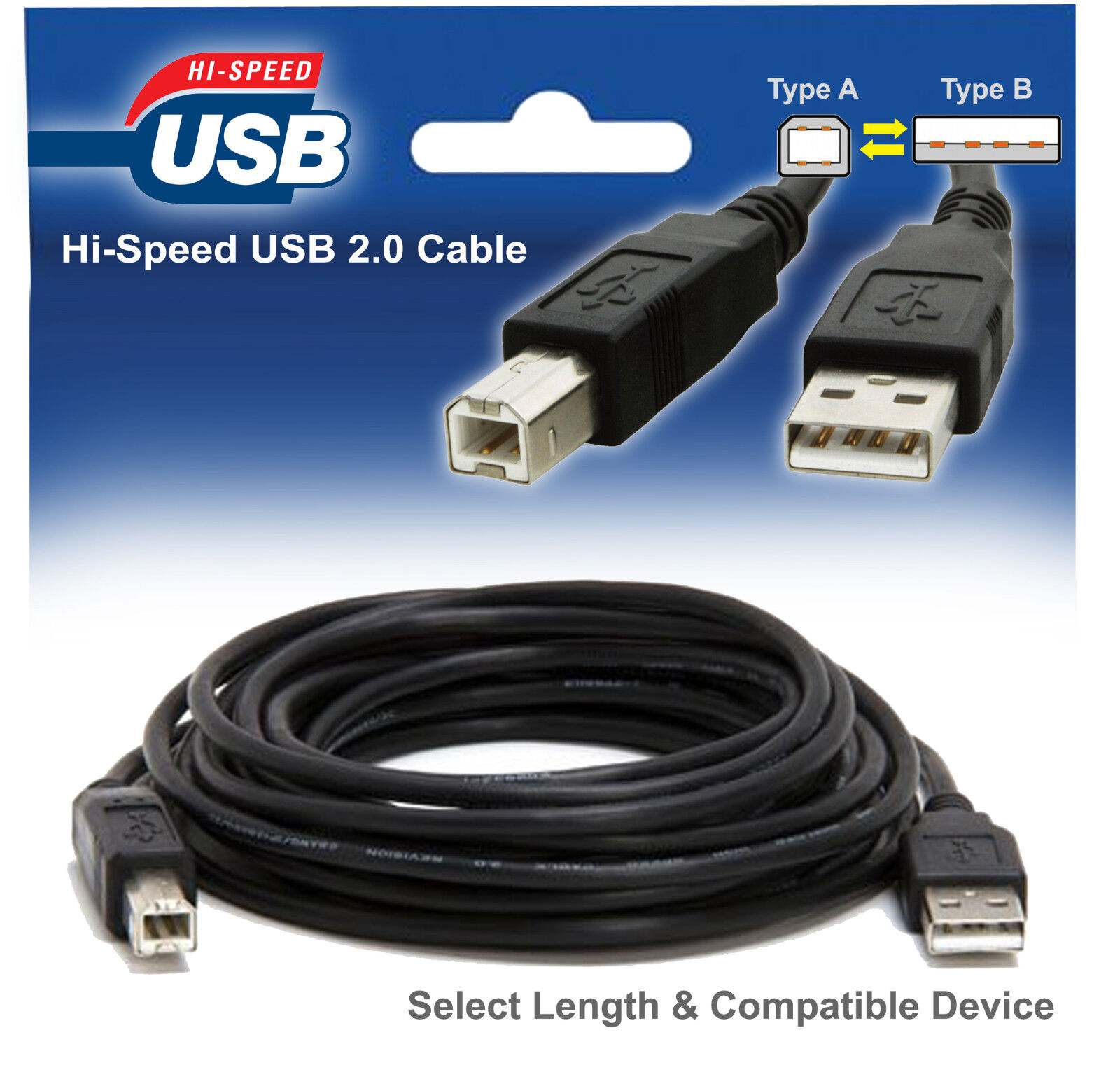 Shielded Hi-Speed USB 2.0 Cable Type A to B Long Cord for Printer Scanner 61015F