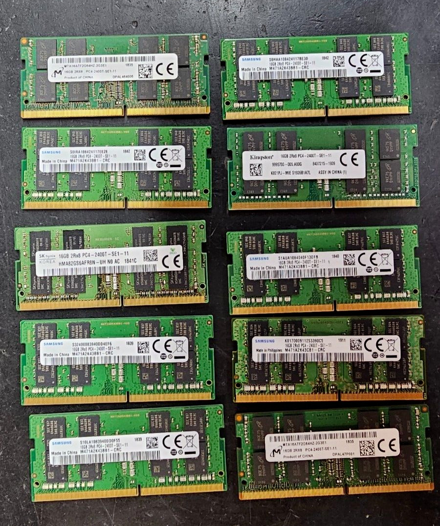 LOT of 10 x 16GB PC-19200 DDR4 2400MHz SO-DIMMs SAMSUNG SK Hynix Micron Kingston