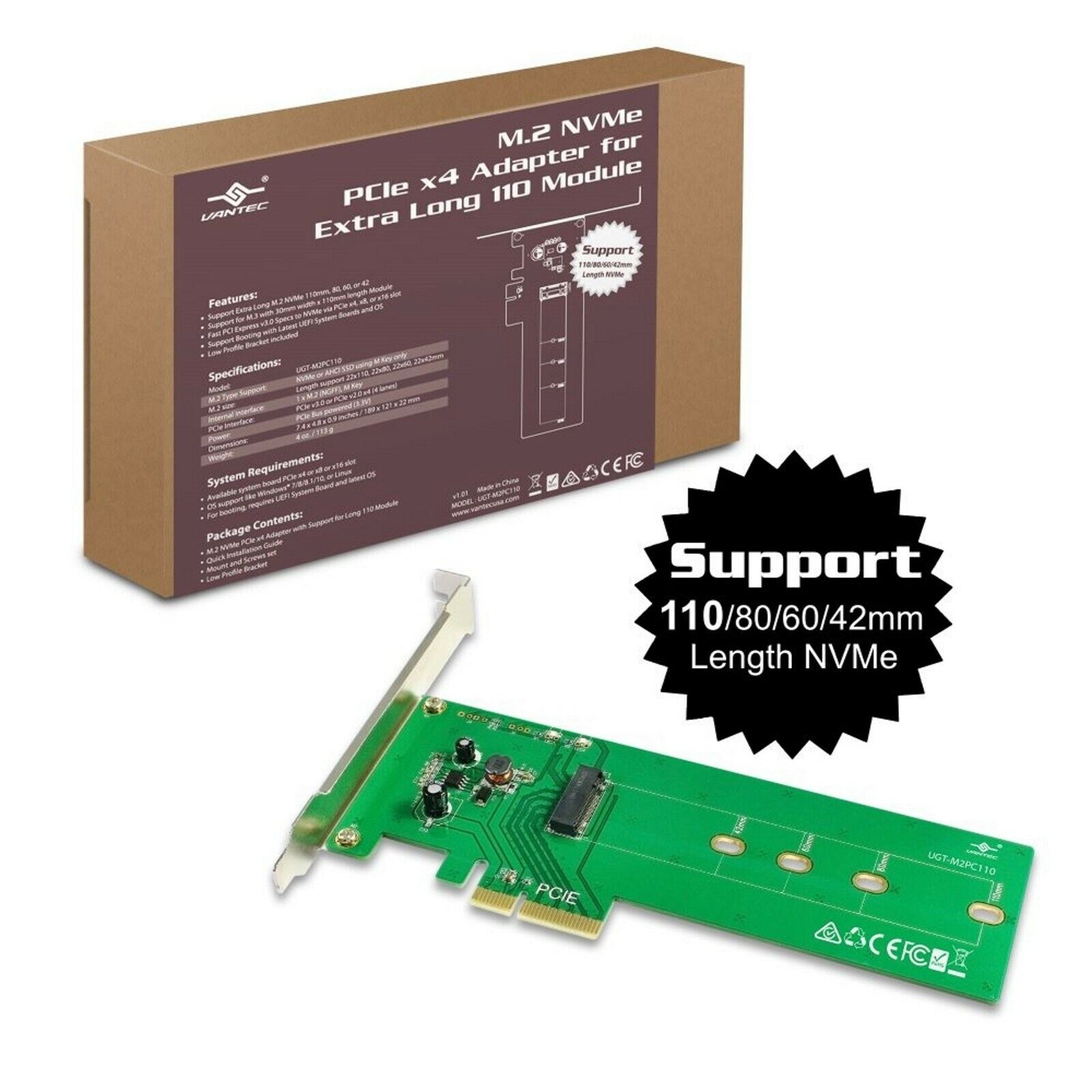Vantec M.2 NVMe PCIe X4 Adapter For Extra Long 110 Module