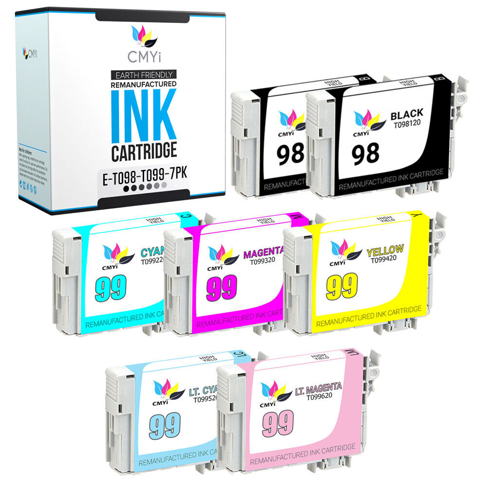 7PK Black Color 98 99 Ink Cartridges for Epson T098 T099 2BK 1CMY 1LC 1LM Combo