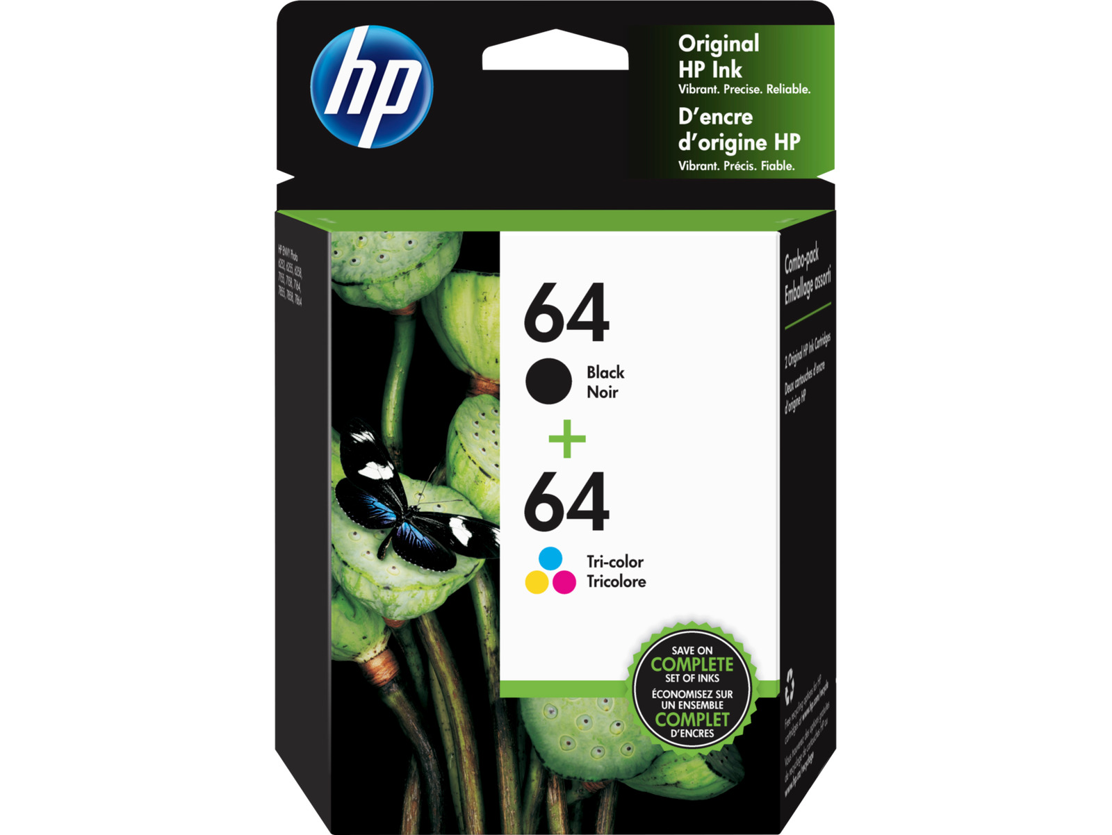 HP 64 2-pack Black/Tri-color Original Ink Cartridges, X4D92AN#140