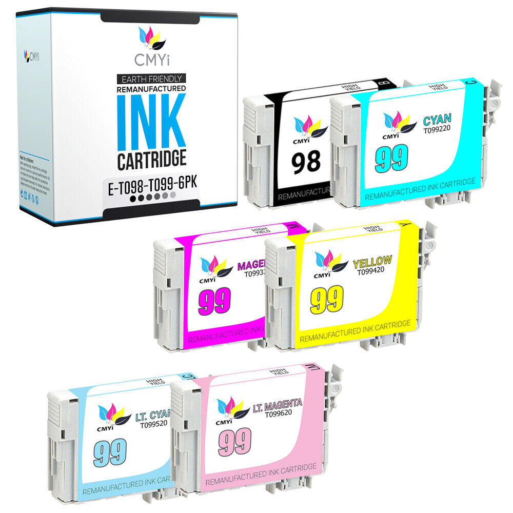 6PK Black Color 98 99 Ink Cartridges for Epson T098 T099 1BK 1CMY 1LC 1LM Combo