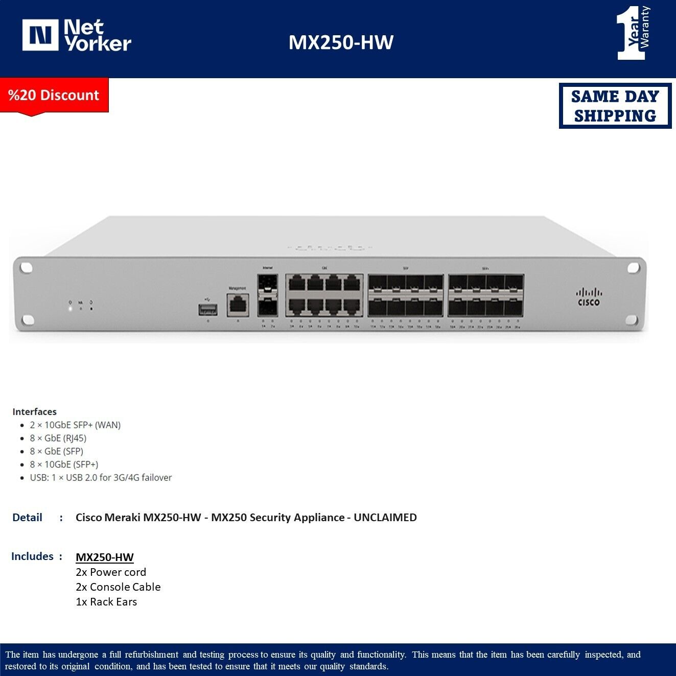 Cisco Meraki MX250-HW - MX250 Security Appliance - UNCLAIMED - Same Day Shipping