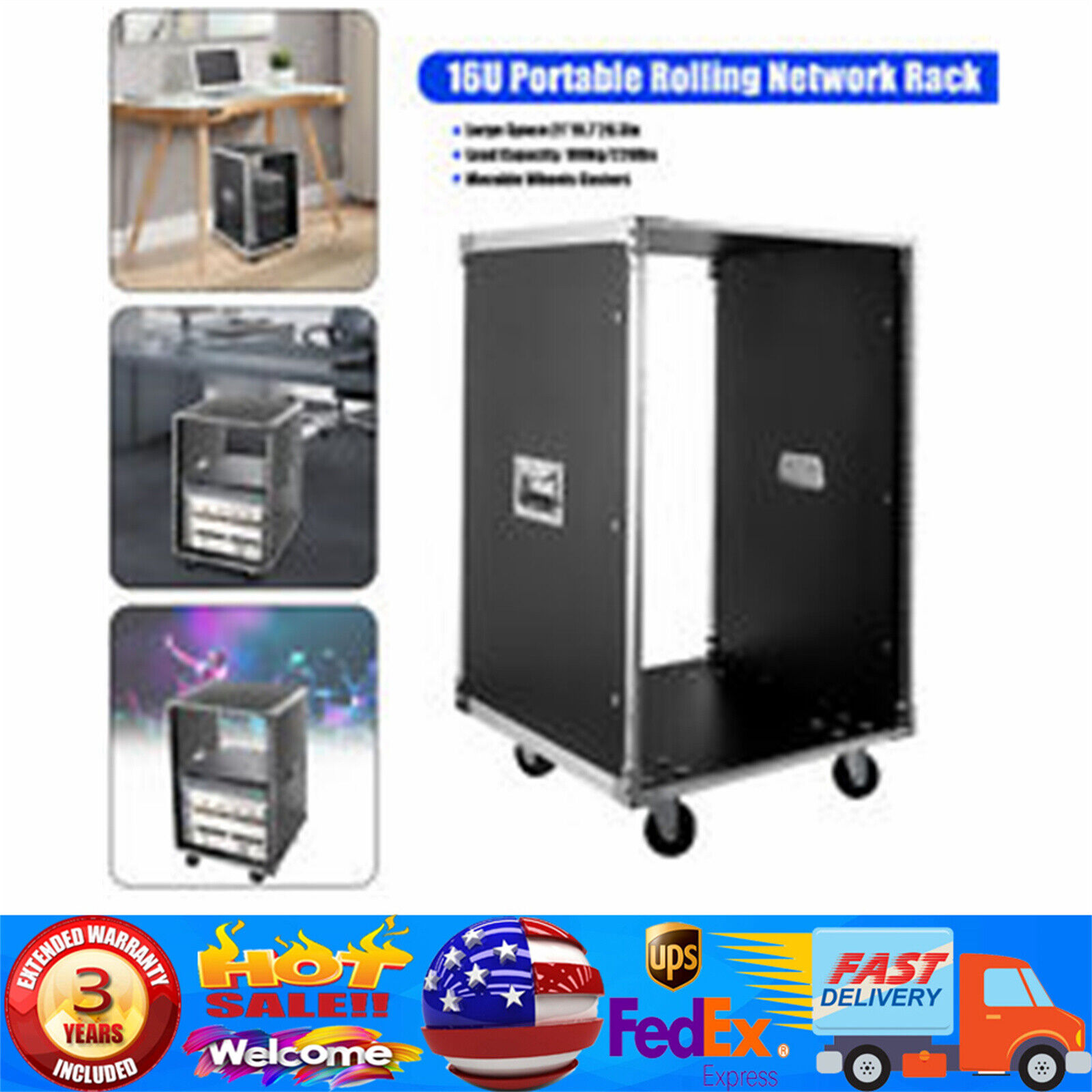 16U Portable Rolling Cart Shelf Network Rack Audio Video Telecom Office US