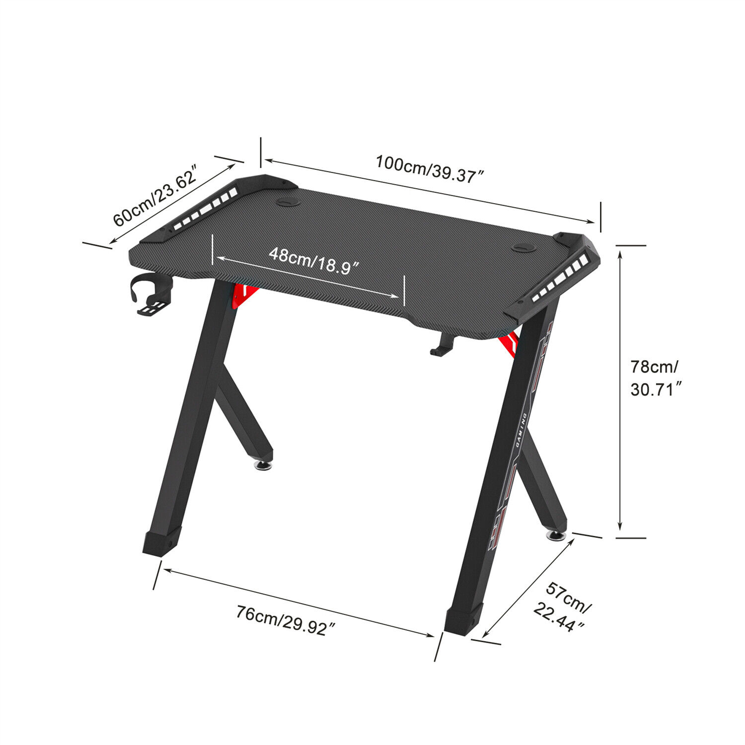 Black 41-48in RGB Gaming Desk Table Computer PC Workstation with Holder and Hook